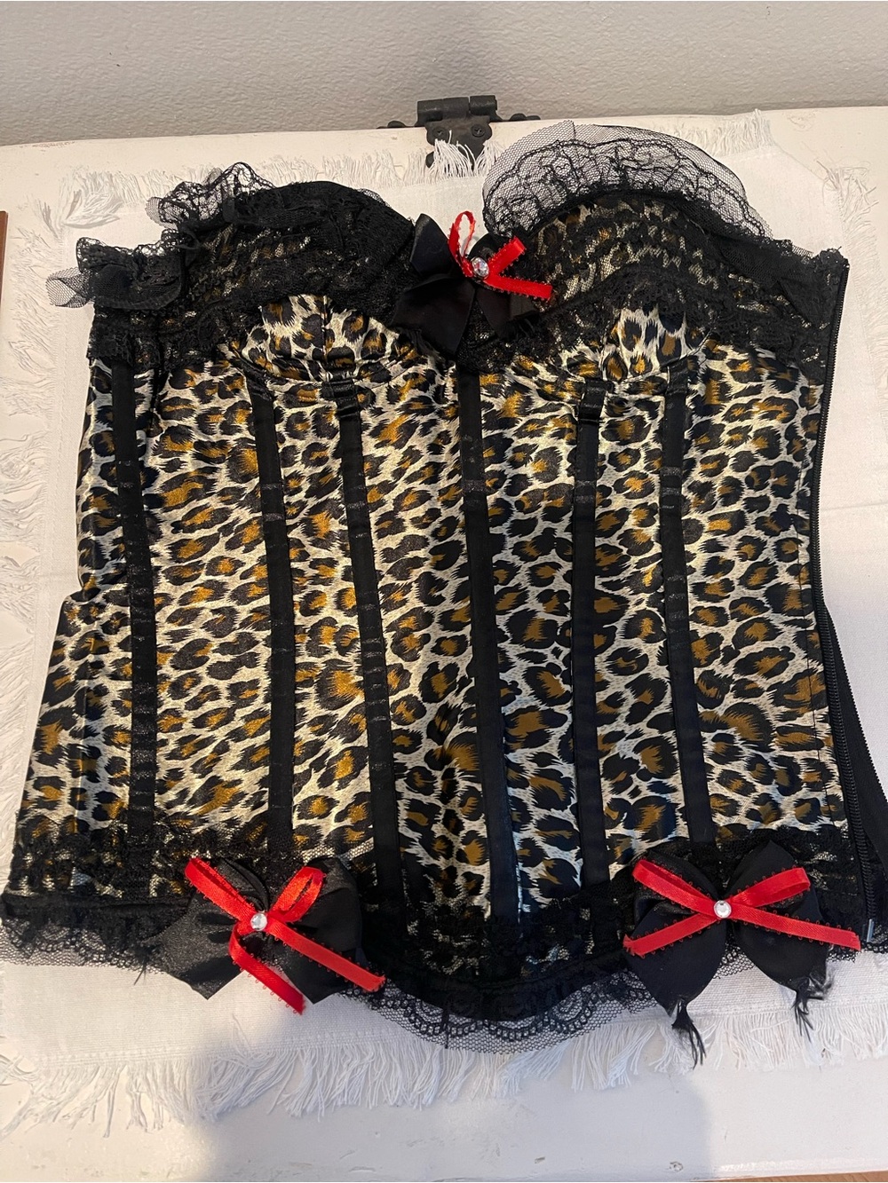 Leopard Print Lace Bustier Corset with Red Bow Accents great for Halloween